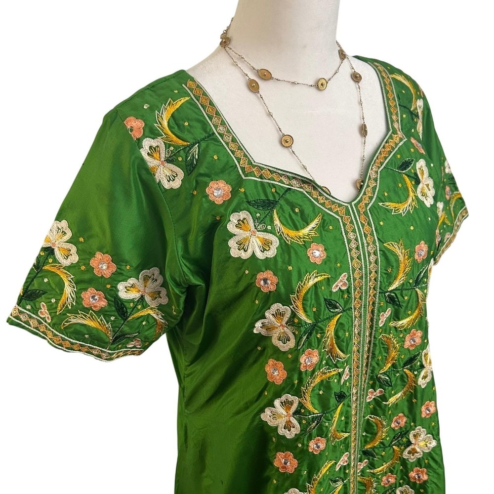 Vintage Embroidered Kaftan Midi Dress Green Good - Picture 3 of 16